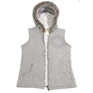 Women's Girls Grey Silver Puffer Fur Hooded & Quilted Vest AU LIEU Size S Small